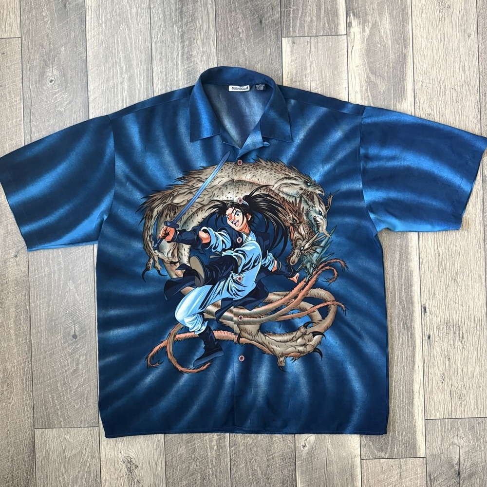 VTG Million Guy Anime Samurai Dragon Shirt Mens XL Blue Satin Korea Y2K Skater